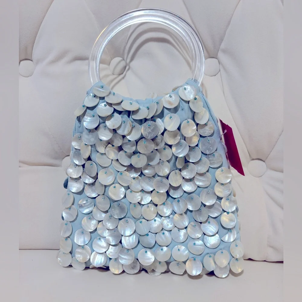 Unique Satchel purse light blue sea shells NWT - Picture 1 of 5